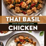 Thai basil chicken served in a bowl with white rice and a fried egg on top