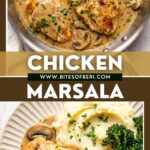 chicken marsala garnished with chopped parsley in a pan