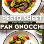 pesto sheet pan gnocchi in a bowl with burrata and garnished with lemon zest and black pepper