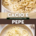cacio e pepe garnished with black pepper and grated pecorino in a bowl with a fork