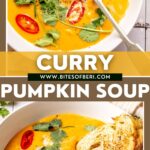 coconut curry pumpkin soup in a bowl garnished with red chili slices and cilantro